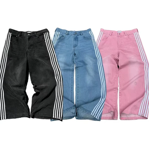 Imagen 2 del producto Y2K pantalones vaqueros holgados de alta calidad bordados a rayas Harajuku pantalones de chándal hombres mujeres ropa informal estilo Hip Hop Casual trapeador vaquero de pierna ancha