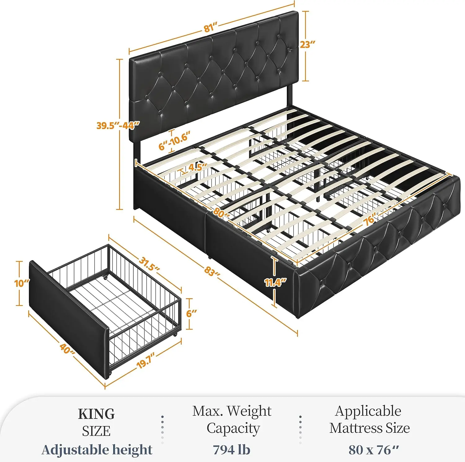 Marco de cama acolchado extragrande con 4 cajones y cabecero ajustable, no requiere resorte de caja, negro