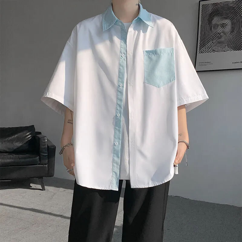 

Блузки Уличная одежда Роскошные винтажные рубашки на пуговицах с коротким рукавом Мужские белые дизайнерские лоскутные рубашки с принтом Корейская модная рубашка