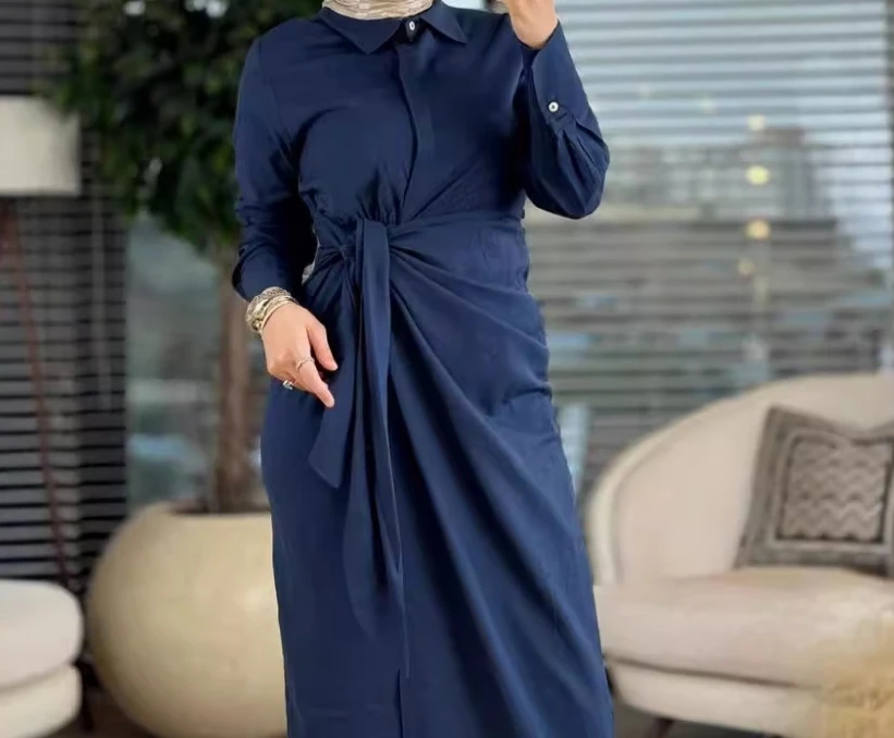 

Women's Dress Elegant Casual Versatile Solid Color Turn-down Collar Long Sleeve High Waist Tie Details Ruched Slit Maxi Dress