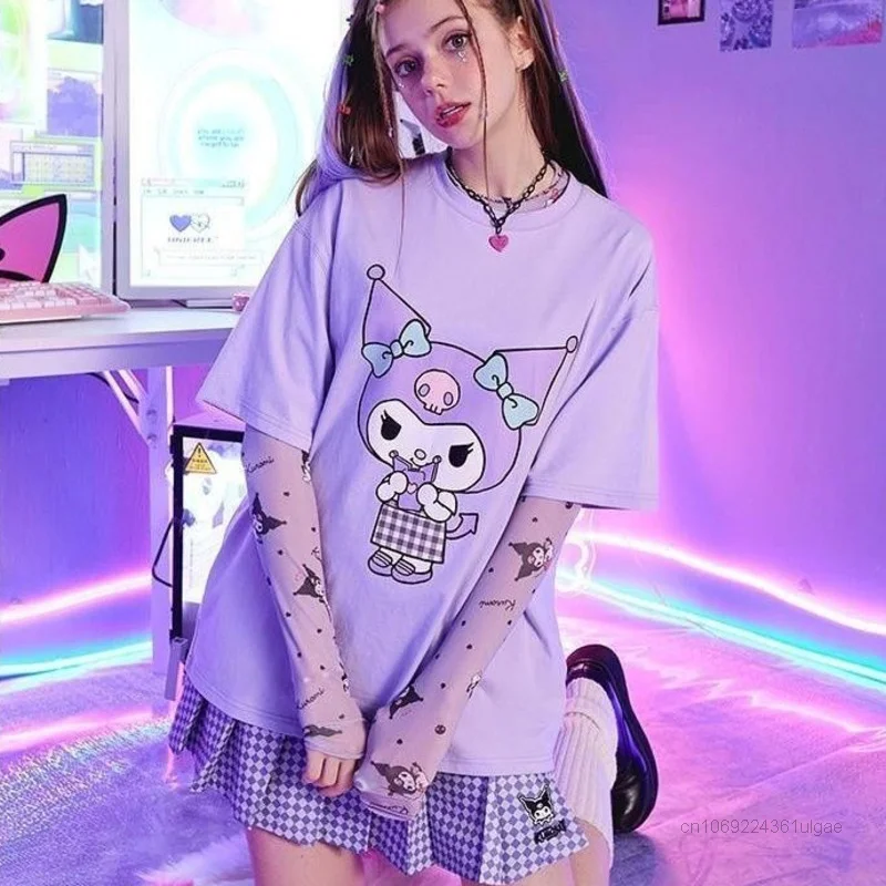 Sanrio Melody Kuromi Short Sleeve T-shirts Y2k Harajuku Japan Style Cute Tops Cartoon Print Student Tees Women Summer Clothes