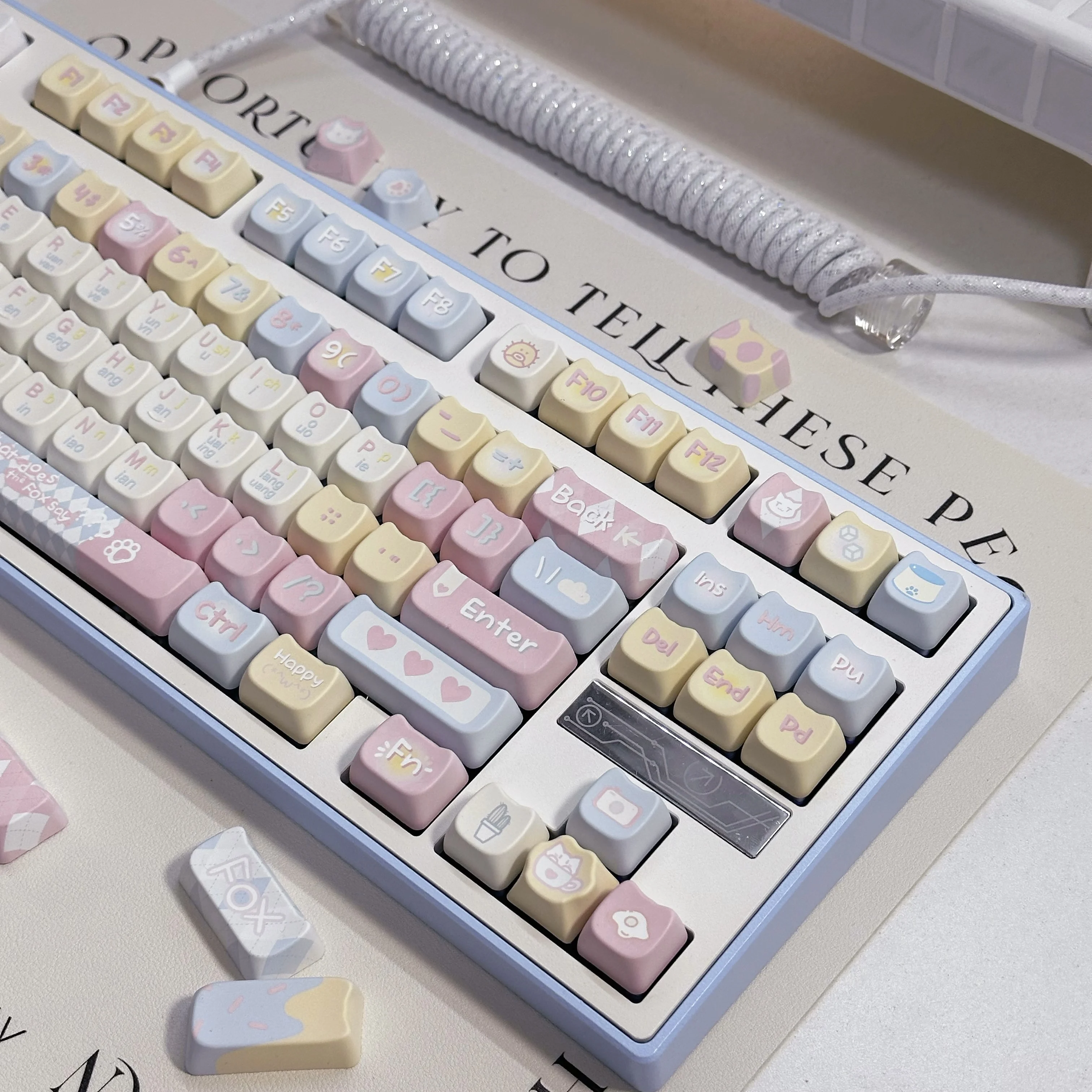 

Mao Keycap Cute Pink Cat Head 145Keys Fox'S Mood Diary Theme Pbt Five-Sided Sublimation Keycap Diy Mechanical Keyboard Keycaps