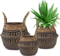 3Pcs Woven Seagrass Storage Basket Foldable Plant Pot Grocery Picnic Toys Belly Basket Dirty Laundry Organizer Rattan Flowerpot