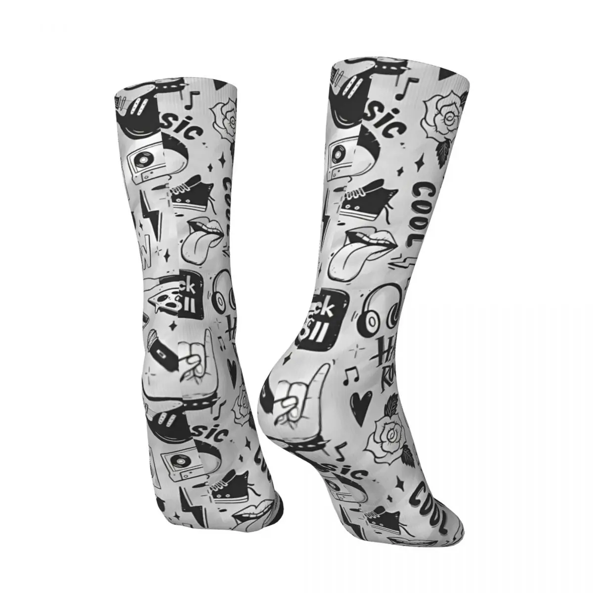 Rock Music Pattern Funny Men's Socks Vintage Rock And Roll Music Street Style Seamless Crew Sock Gift Pattern Printed