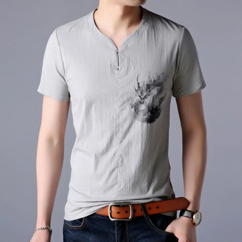 

COODRONY Brand Round V-Neck Cotton Short-Sleeve Tee Summer New Men Clothing National Style Tops Casual Comfortable T-Shirt W5528