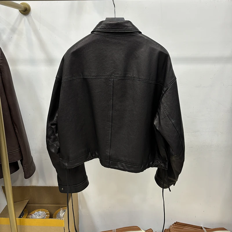 2025 frauen Frühling Schwarz Echtem Schaffell Leder Kurze Jacke Mantel Herbst Lose Echt Leder Mantel