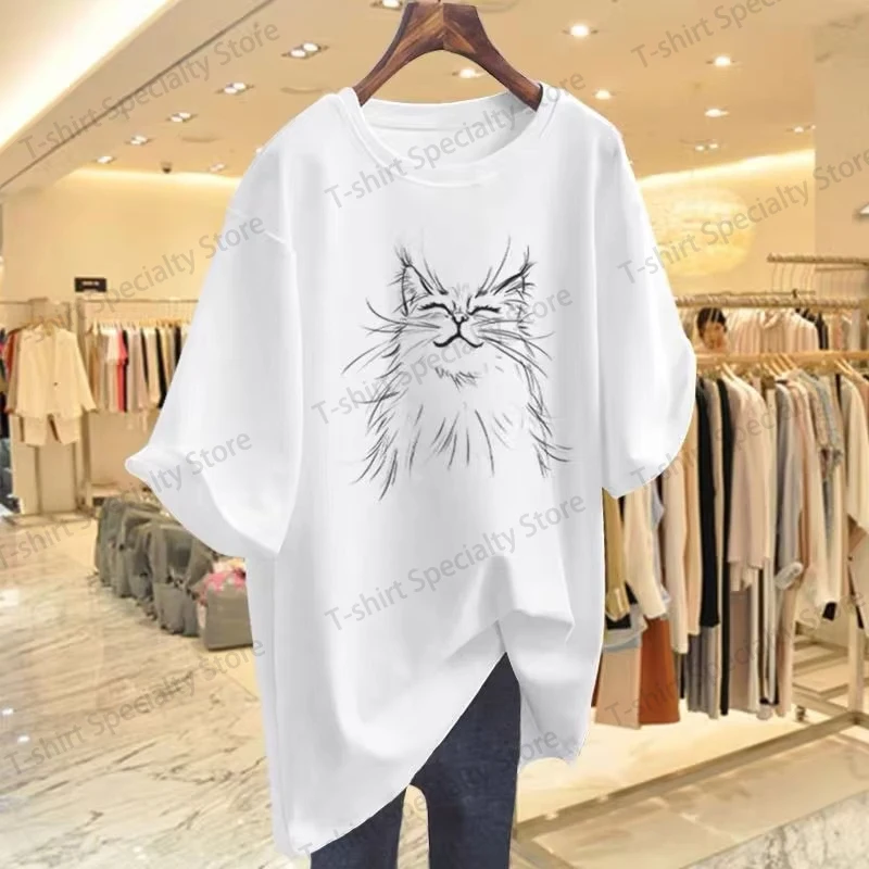 Damen Mode Katzen-Animal-Print T-Shirt Sommer Baumwolle O-Ausschnitt Kurzarm Basic Top Tee Büro-Dame Lässiger Loser Pullover S-3XL – Detail 7