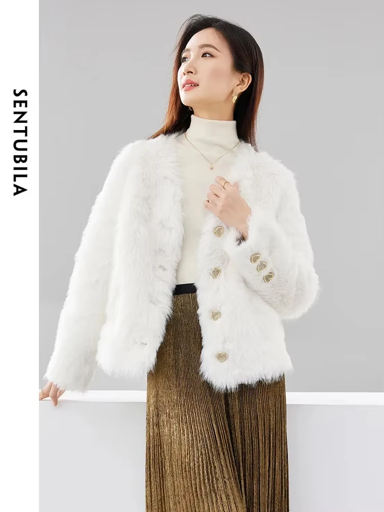 

SENTUBILA Elegant Fluffy Jacket Women Winter Thick Warm Faux Fur Coat 2024 Fashion Ladies V Neck Outerwears Clothing W44W58549X