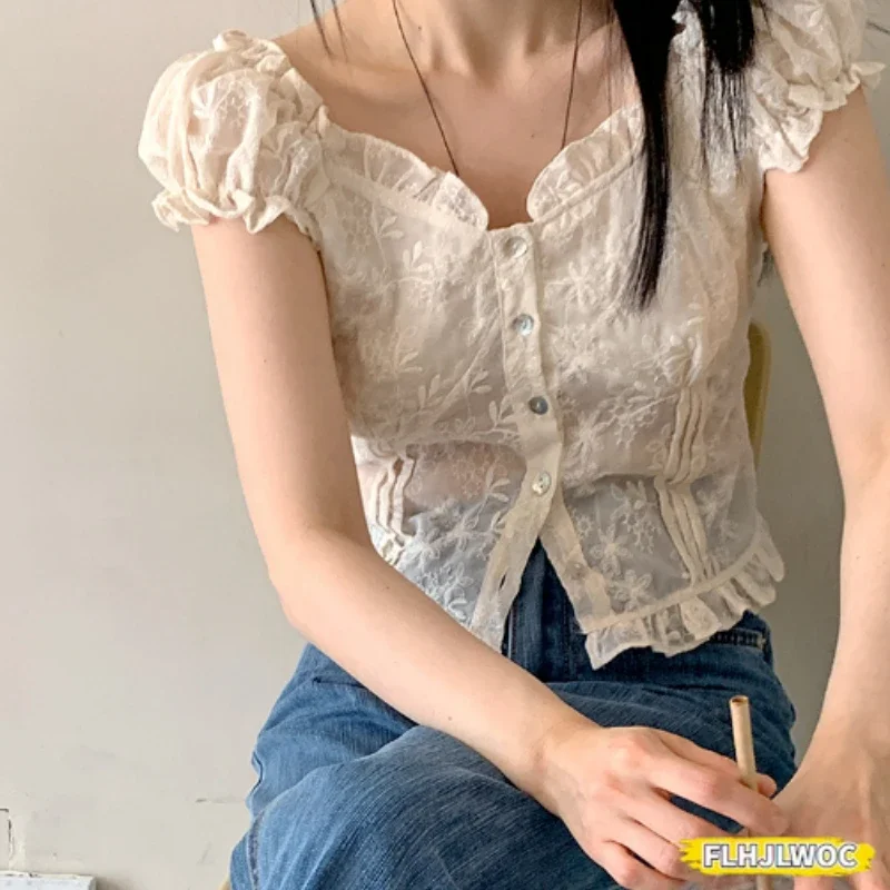 Kurze Crop Tops Blusas Button Up Baumwolle Spitze Shirts Chic Korea Design Japanischen Stil Sommer Kleine Rüschen Frauen Blusen