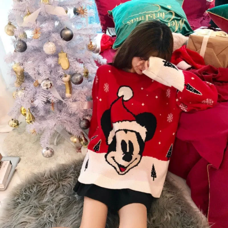 Mickey Red Christmas Sweater Women Loose Retro Spring Autumn Women Clothes Korean Fashion Y2k Tops Pullover for Girls 2025 New