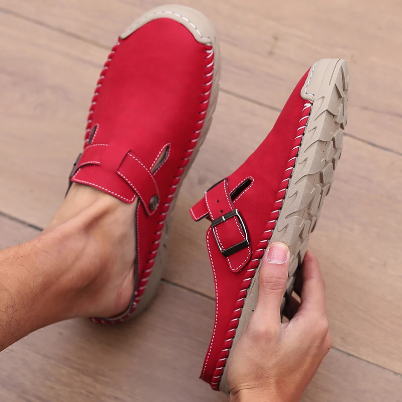 Business and Leisure Men's Mule Leather Loafers Soft Soled Driving Shoes Backless Slippers, Breathable Office Sandals, Plus Size