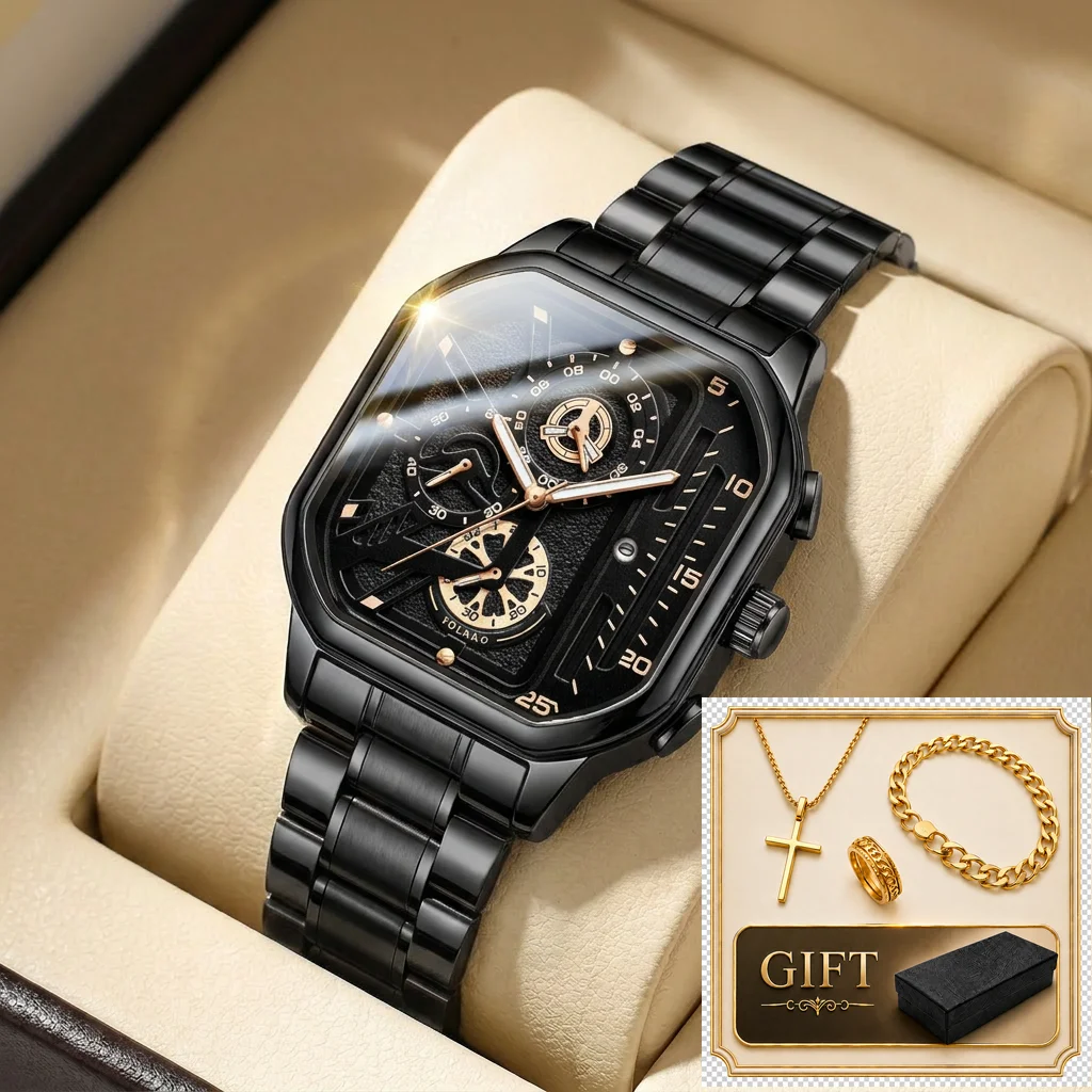 

4pcs gift box set Men's black dial alloy strap fashion jewelry details Quartz Watch Gift Box Set for party holiday