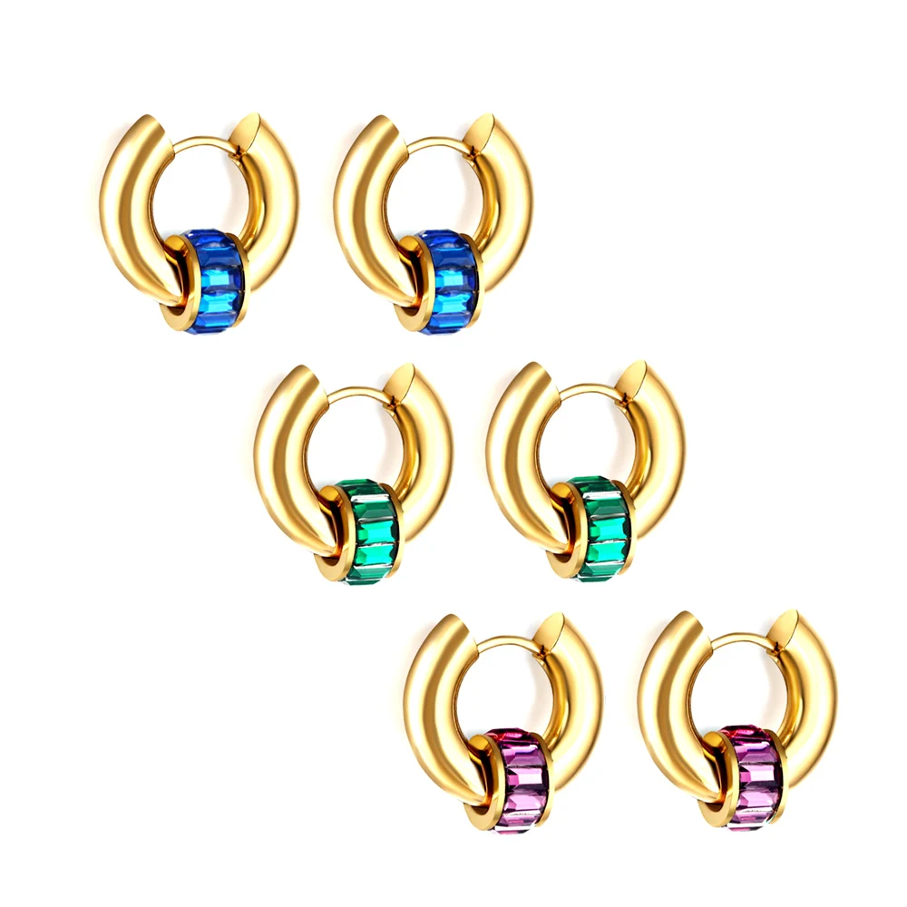 1Pairs Round Circle Hoop Earring With Purple White Green Cubic Zirconia Stainless Steel No Fade Geometry Vintage Jewelry Party