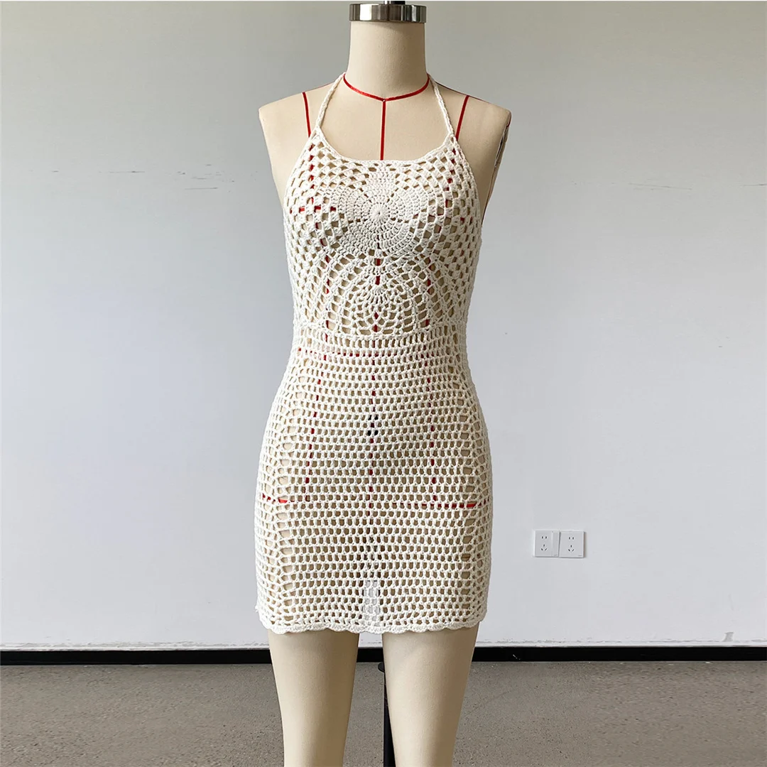 Halterneck, rückenfreies, gehäkeltes, gestricktes Tunika-Strandkleid, Strandkleid, Strandmode, Damen V8402 – Detail 6