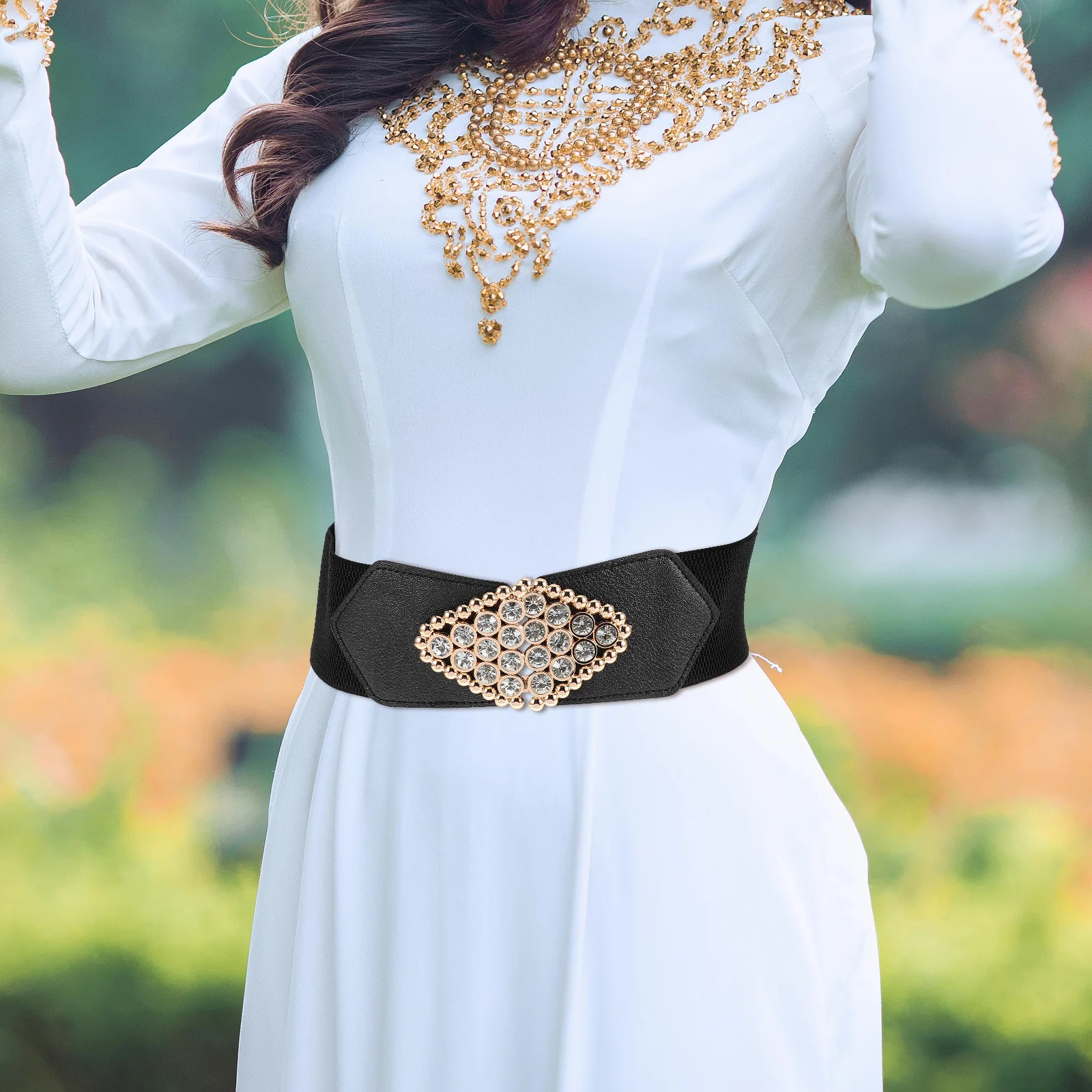 

Women Black Floral Wide Waist Belt Elastic Stretch Slimming Fashion Waistband Dress Coat Accessory Wide Waist Belts