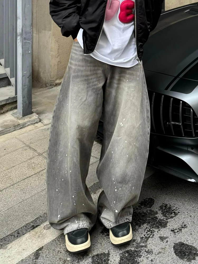 

American Vibe High Street Retro Men's Loose Wide Leg Casual Long Jeans Knife Banana Print Spill Ink Distressed Straight Cut