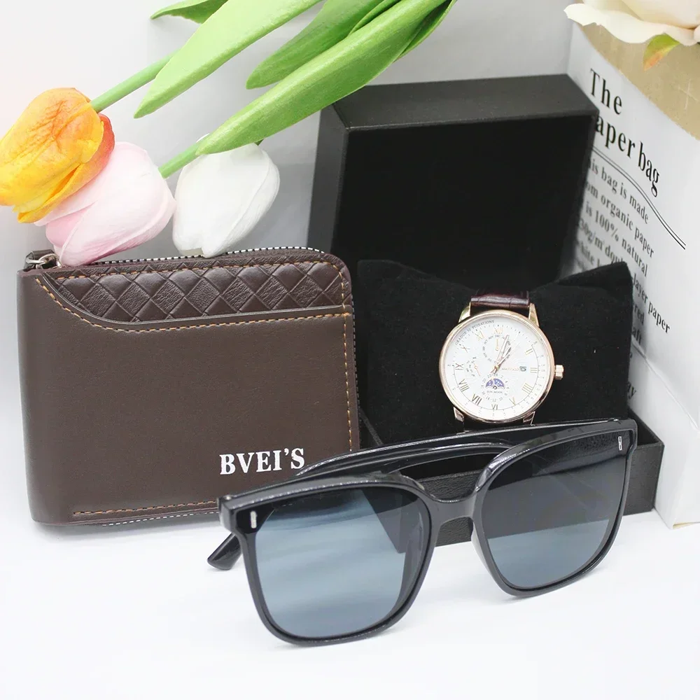 Carteira de carteira de couro masculina, Relógios de cavalheiros, Movimento automático, Óculos para esportes ao ar livre, Conjunto 3 peças