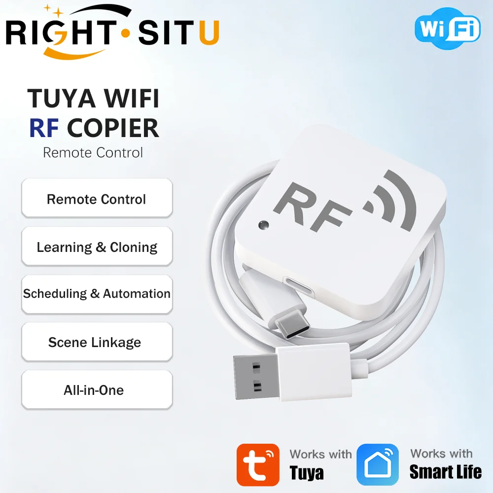 Tuya RF Copier WiFi RF Remote Control Copier Wireless RF Bridge with Light Sensor Type-C 5V for Garage Door Gate Alarm Curtain
