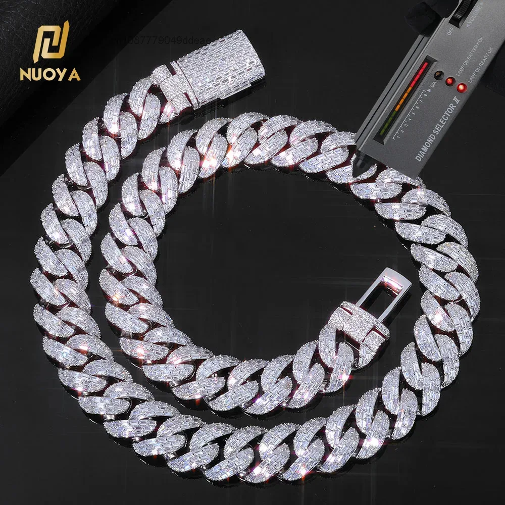 20mm NUOYA 925 Sterling Silver Moissanite Baguette Cut Cuban Link Chain Necklace Flip Lock Hip Hop Jewelry Pass Diamond Test..