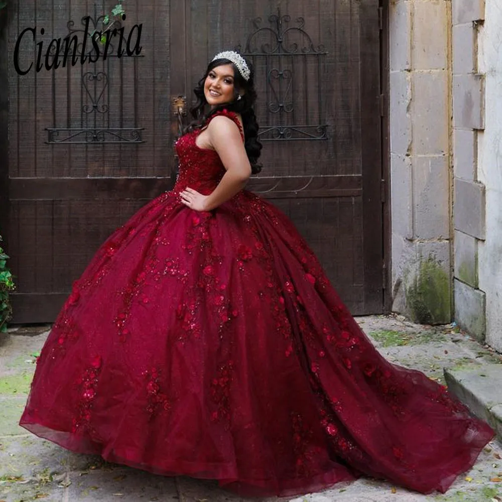 Burgunder Quince anera Kleider Korsett Ballkleid Perlen 3d Blumen formale Abschluss ball Kleider schnüren Prinzessin süß 15 16