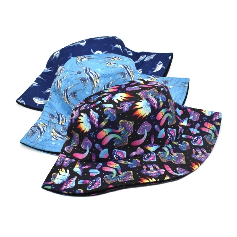 2022 New Mushroom Printing Bucket Hats Female European and American Men Double-sided Sunscreen Sun Hat Reversible Basin Hat