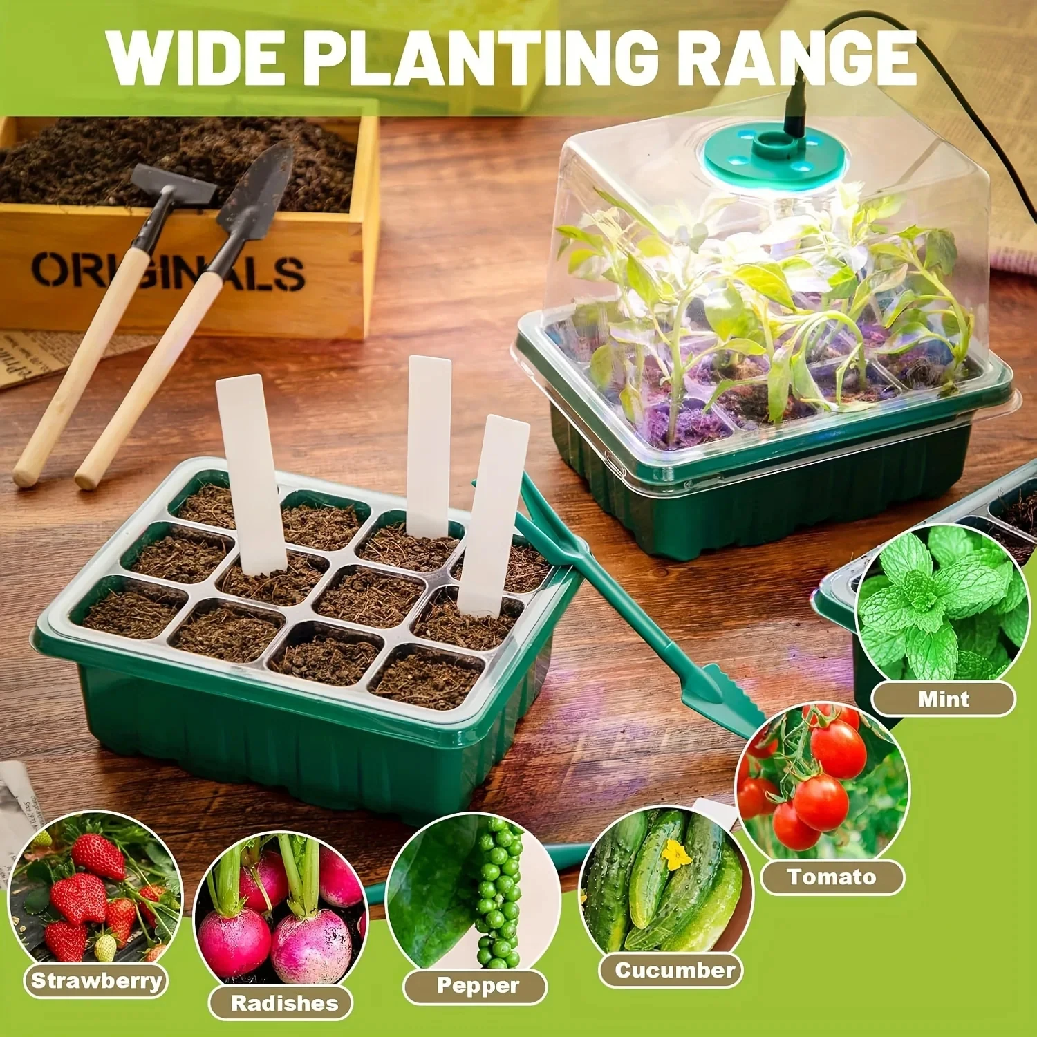 12 Cell Cover Nursery Tray Box with Growing light Seedling Germination Planting Pot Full Spectrum LED Growth Promotion