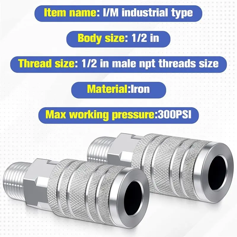 SHGO 1/2 Inch Air Hose Fittings Set, Industrial I/M Type Air Coupler with 1/2 MNPT, Plugs with 1/2 NPT, 300 PSI, 5-Piece Heavy