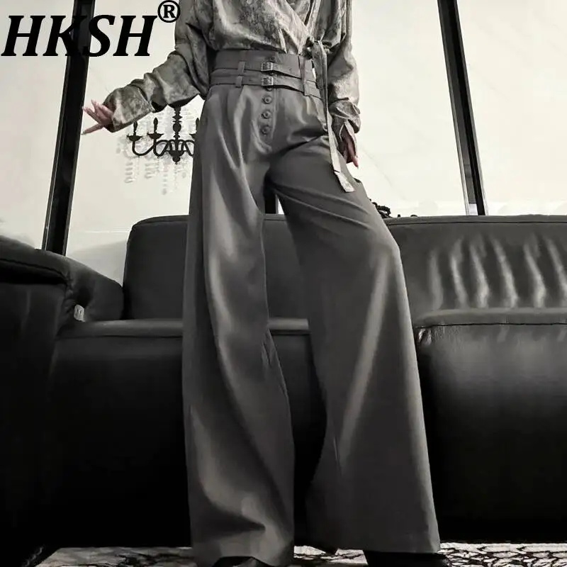 HKSH Women Wide Leg Pants Buttoned Belted Solid Color High Waisted Versatile Elegant Trend Chic Straight Trousers Spring HK23462