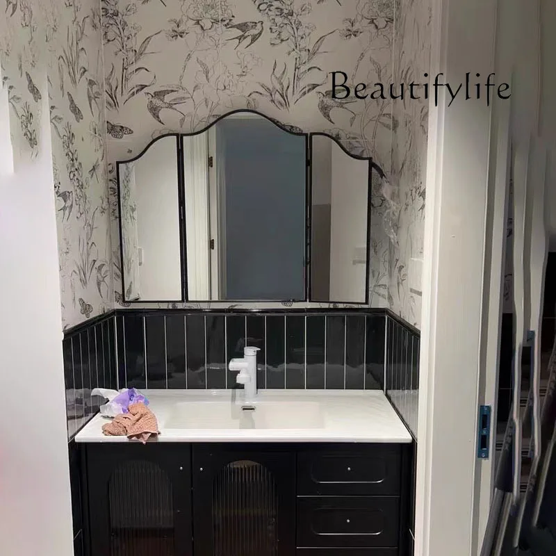 French folding three-sided makeup mirror retro fireplace wall hanging tri-fold art deco bathroom bathroom mirror