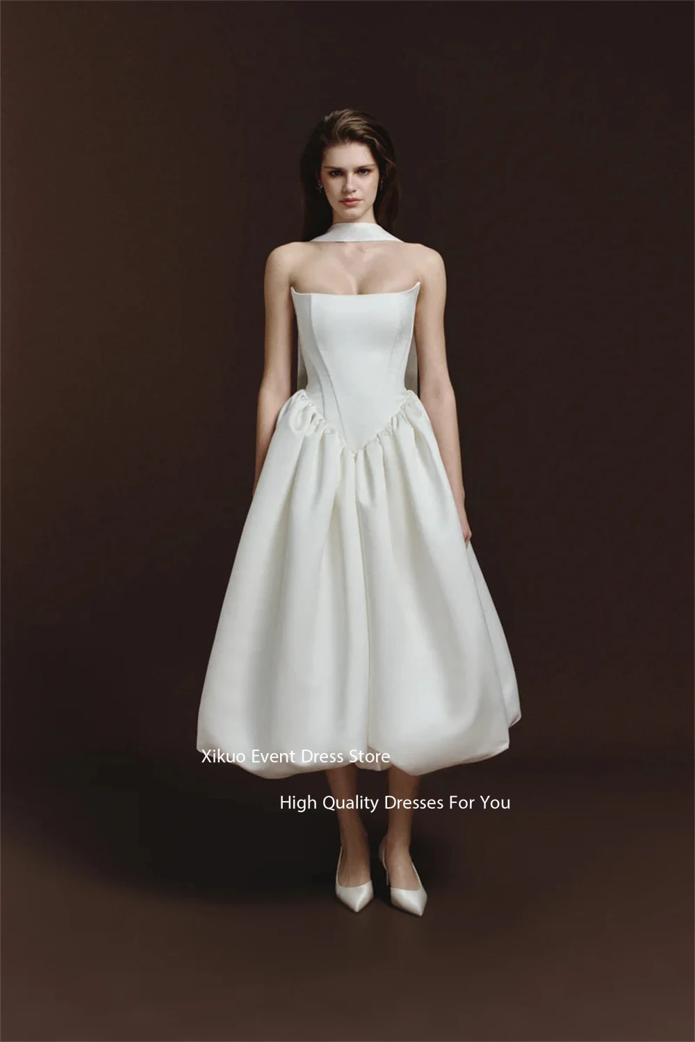 Xikuo Sleeveless Ribbons Elegant Wedding Dress Strapless Midi Length Vestidos De Novia A Line Bridal Gowns For Girl Customized