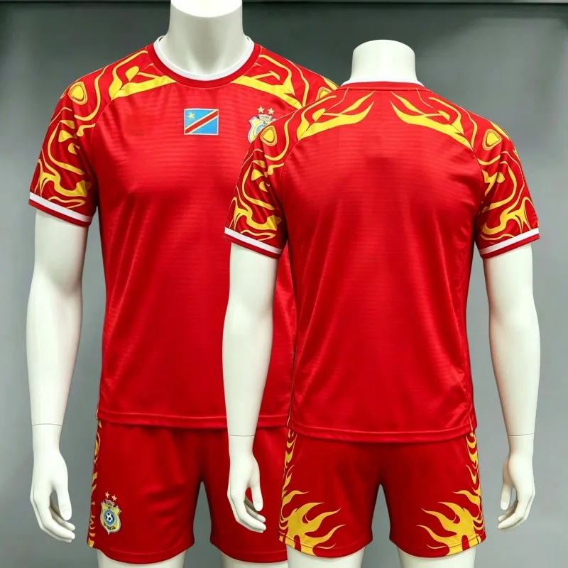 

DR Congo Soccer Jersey Set Men's Red Yellow Flame Print Leopards Breathable Quick Dry Football Shirt + Shorts Uniform for Fans