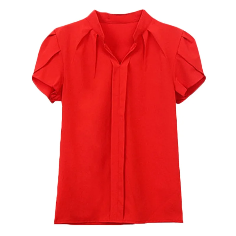 Women Casual Chiffon Shirt Summer Short Sleeve Elegant Blouse Female Formal Office Chiffon Tops Solid Color Loose Tops