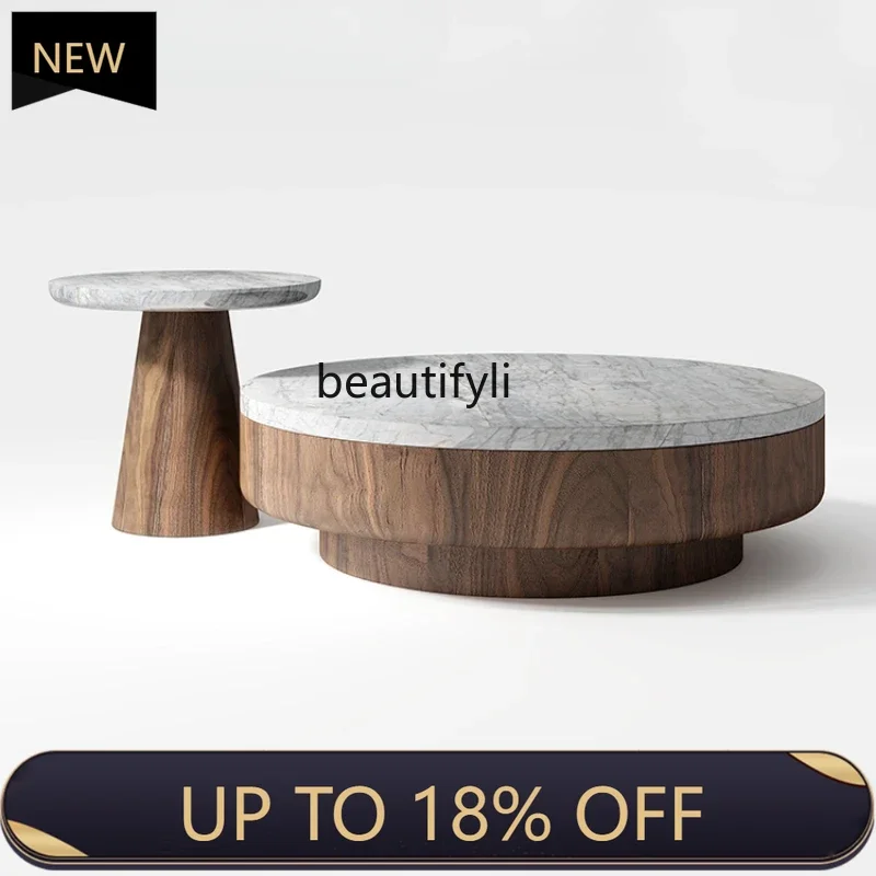 

P178 Marble round Retro Coffee Table Combination Living Room Home Modern Minimalist Chinese Style Walnut Color Designer