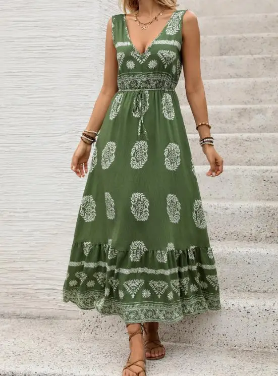 

Women Dresses 2026 Spring Summer New Fashion Print Sleeveless V-Neck High Waist Casual Backless Daily Vacation Long Dress