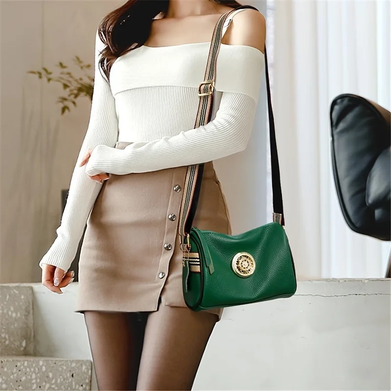 Genuine Leather Crossbody Bag, Stylish Black, Camel, Green Women\'s Trendy Handbag with Adjustable Strap, Waterproof