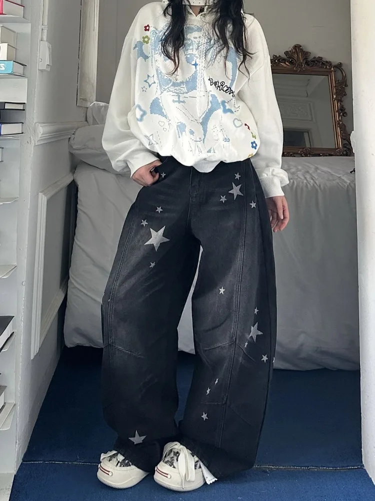 Women's Star Print Pattern Wide Legs Jeans Denim Trousers Cool Girl Wide Leg Pants Female High Waisted Fashionable Sweatpants