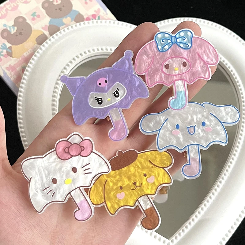 Cartoon Kawaii Sanrio Umbrella Hair Clip Girls Sweet Hello Kitty Kuromi Melody Acrylic Side Bangs Clip Hairpin Hair Accessories