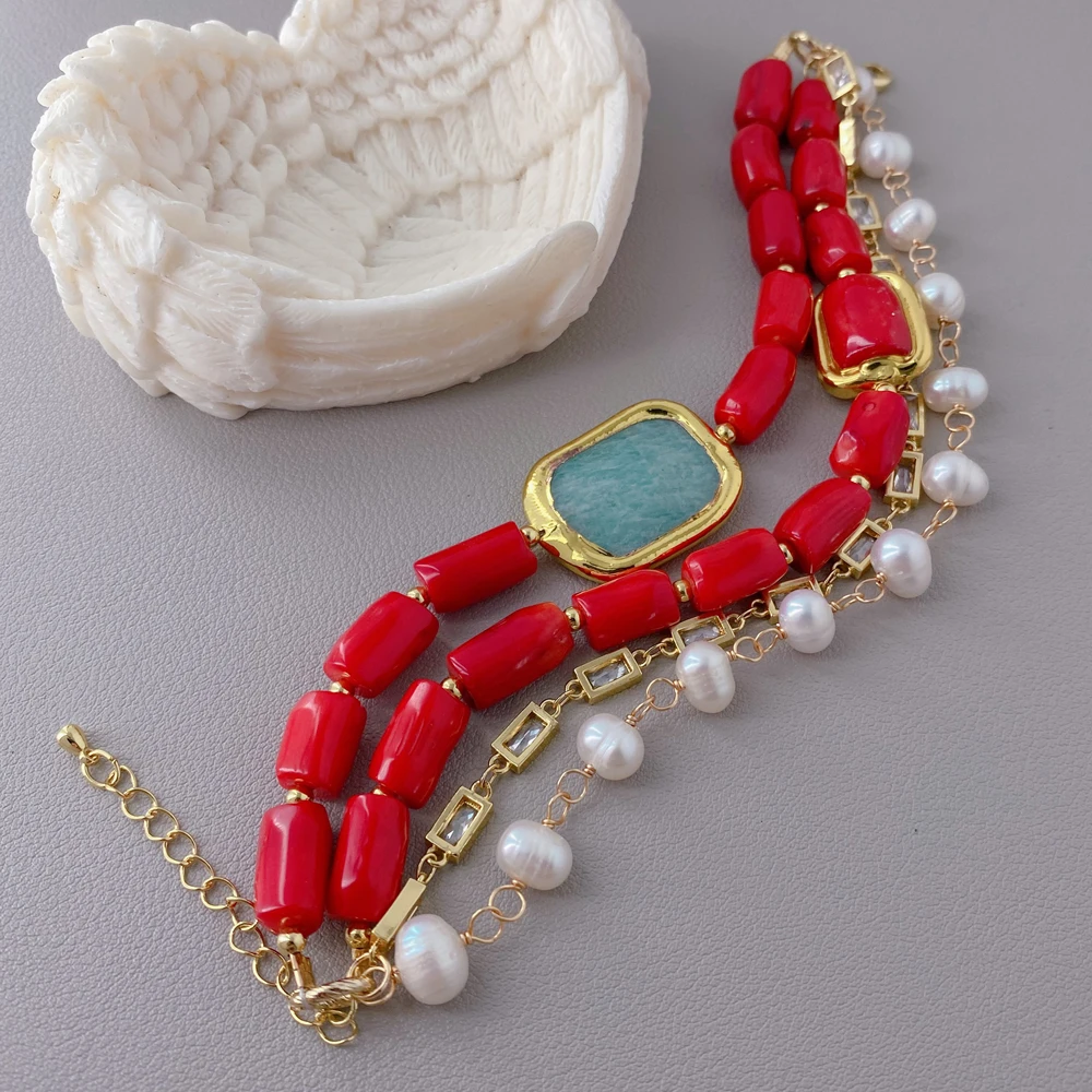

YYGEM 7-8 мм пресноводный белый картофельный жемчуг 15x19 мм красный коралл амазонит бусины браслет женские массивные браслеты