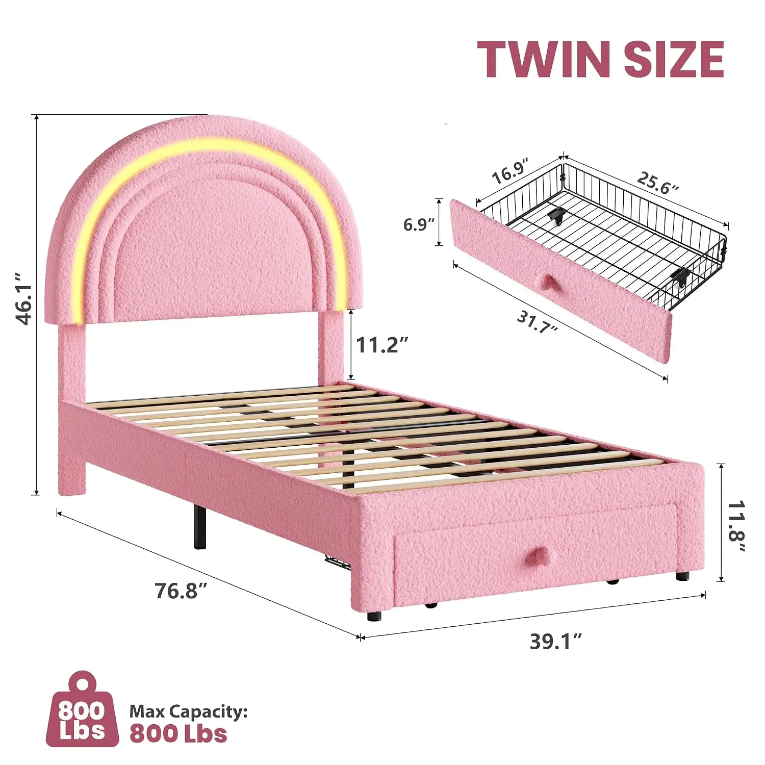 Twin Upholstered LED Bed Frame - with Storage Drawer and Rainbow Headboard, Berber Fleece Princess Platform Bed for, Customized