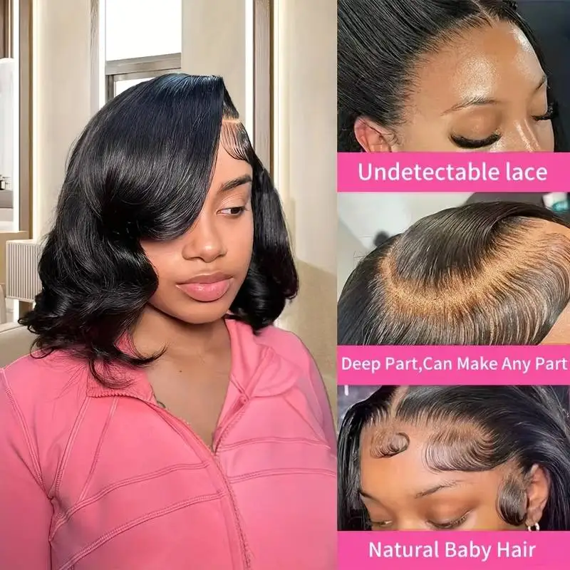 8-дюймовые натуральные черные объемные волны 220 Плотность 5x5 HD Парики фронтальной части шнурка Человеческие волосы Бесклеевые боб HD Парики фронтальной части шнурка для женщин