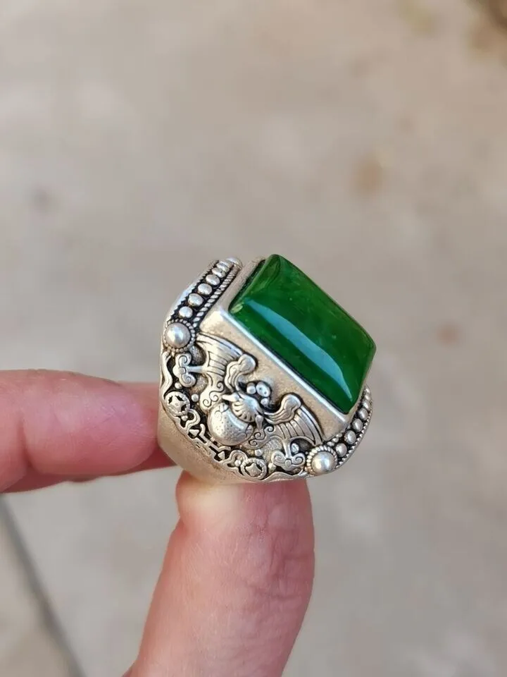 Old Chinese Tibetan Silver Ring Hand Inlaid with Jade Qianlong Period Collectible Antique Jewelry