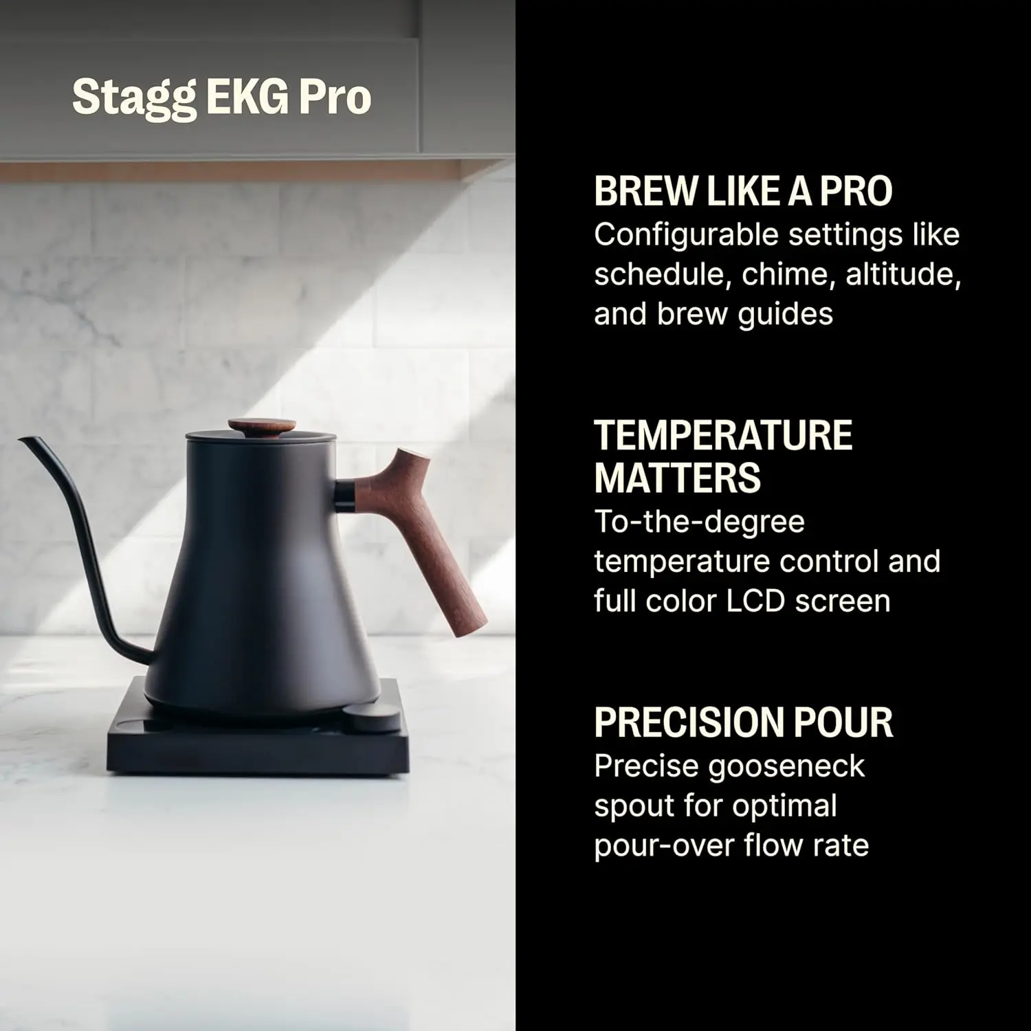 EKG Pro Electric Gooseneck Kettle - Pour-Over Coffee and Tea Pot, Stainless Steel, Quick Heating, Matte Black with Walnut Wood H