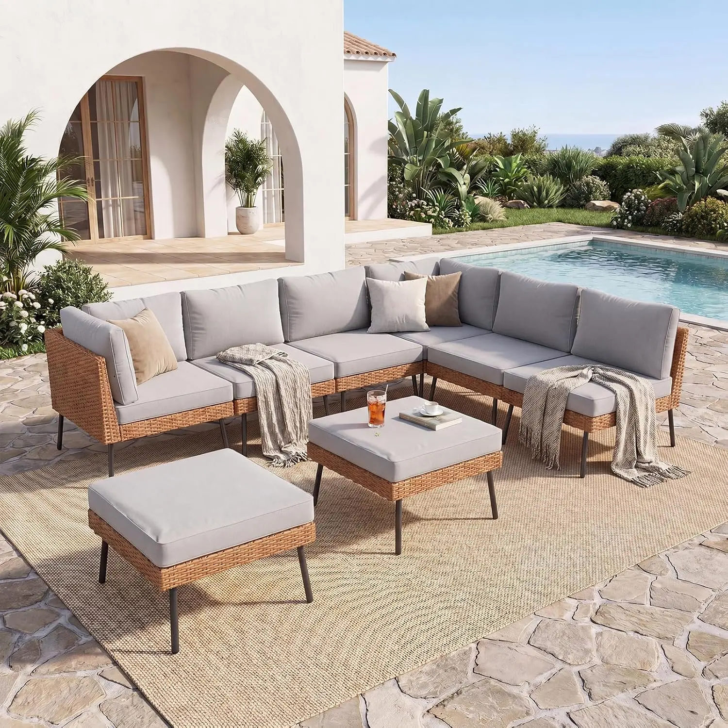 8-Seat Outdoor Sectional Sofa with Thick Cushion, Wicker Patio Set with Ottomans for Party Garden Backyard, Grey, Customized