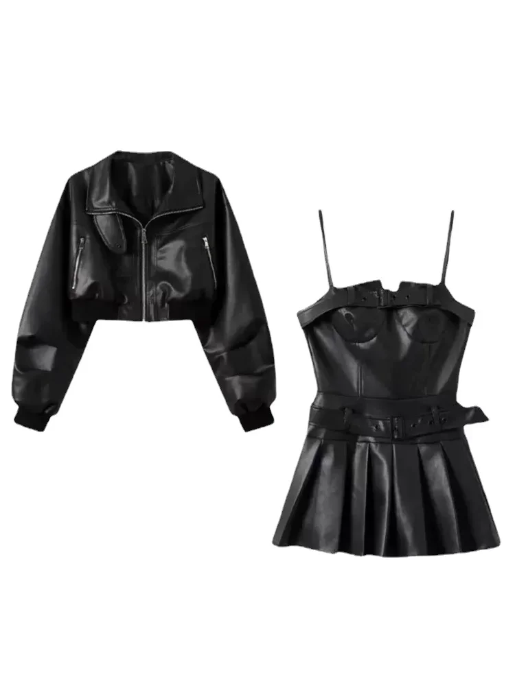 Y2K Black Dress Set Women Casual High Street PU Coat + Elegant Party Y2k Mini Dress Korean Fashion Leather Suit 2024 Spring Chic