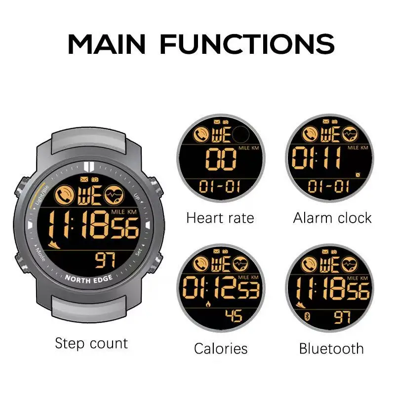NORTH EDGE Men Digital Sports Watch Bluetooth Call Reminder Heart Rate Monitor 50M Waterproof Step Count Calories Alarm Clock Ou