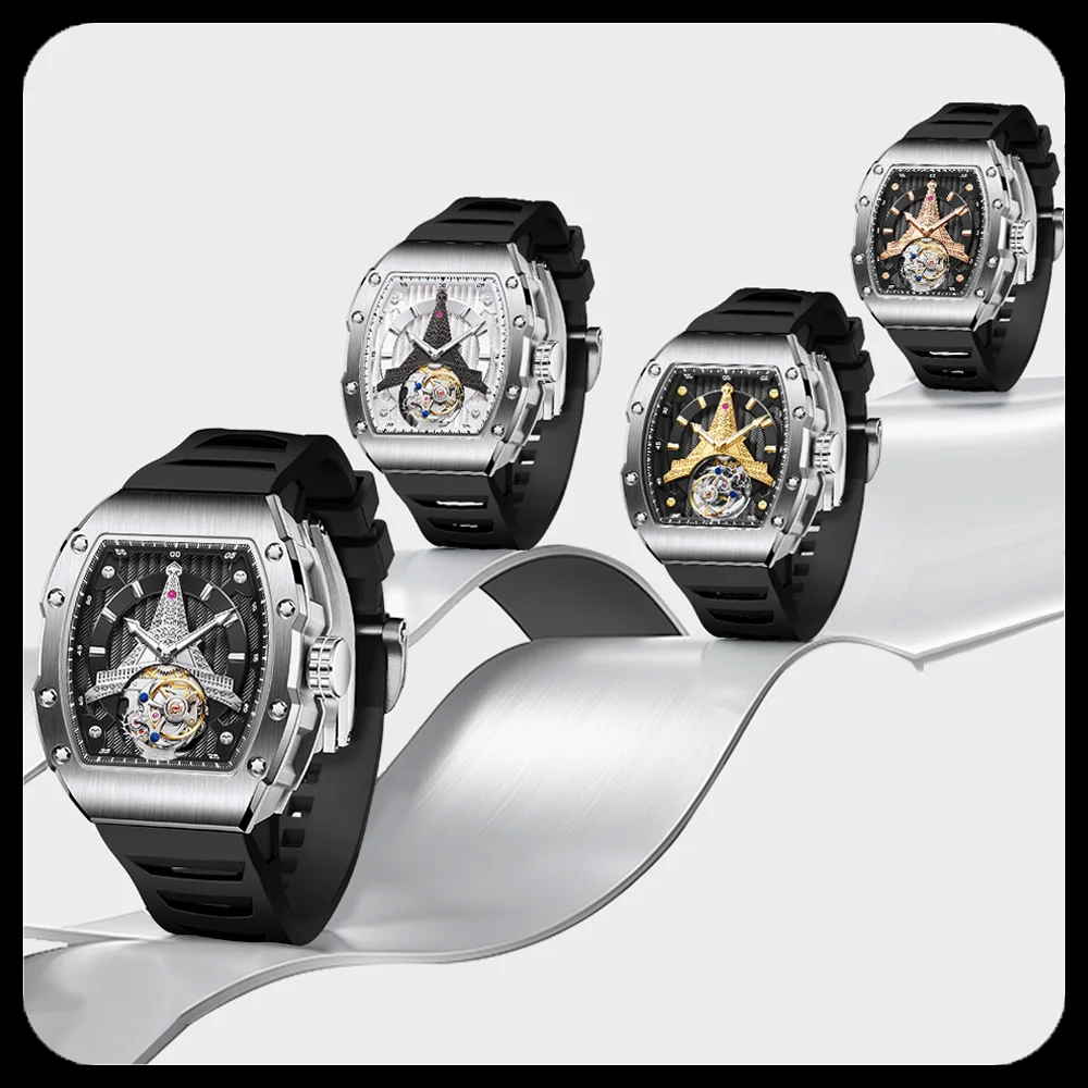Tourbillon Watches French Tower Watches Automatic Mechanical Movement Watches 904L Stainless Steel Watches OUMASHI Men's Watches