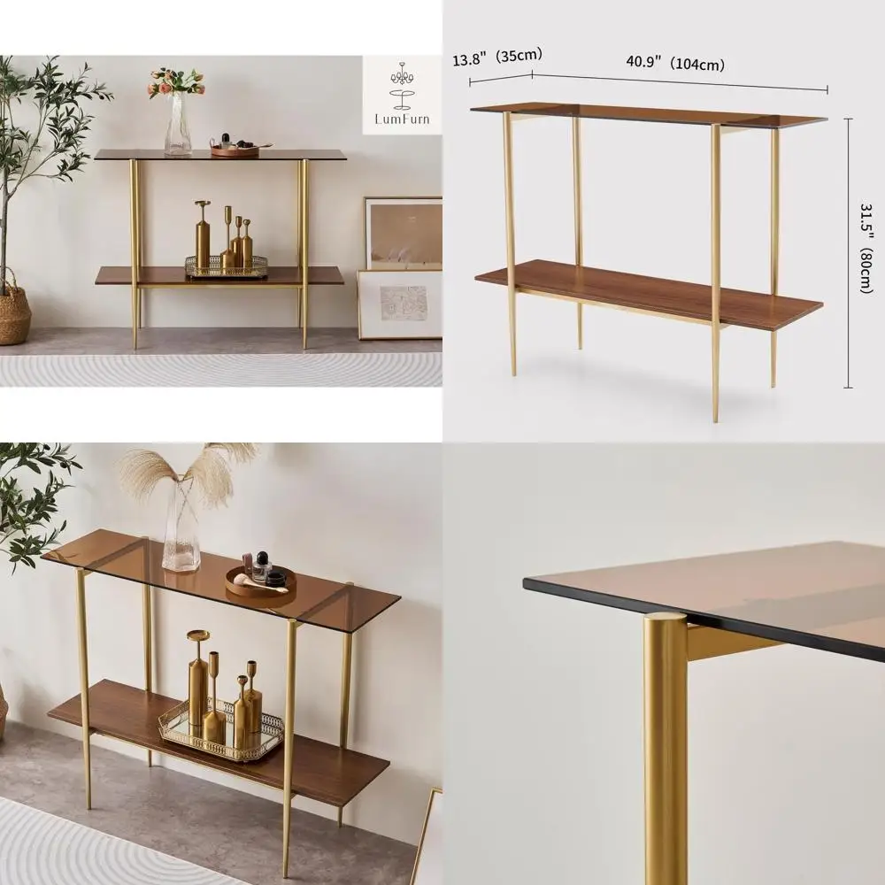 

Mid-Century Modern 2-Tier Glass Coffee Table with Amber Glass Top and Walnut Wood Shelf in Gold Finish