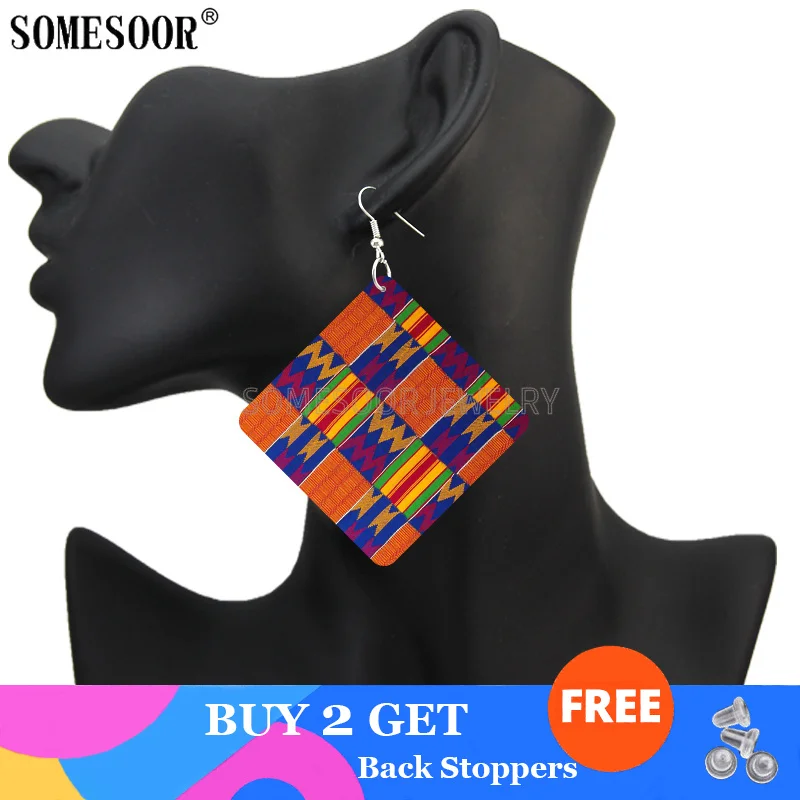 SOMESOOR Geometric African Fabric Style orecchini pendenti in legno bohémien ciondolo quadrato etnico Afro ciondola i gioielli per i regali delle