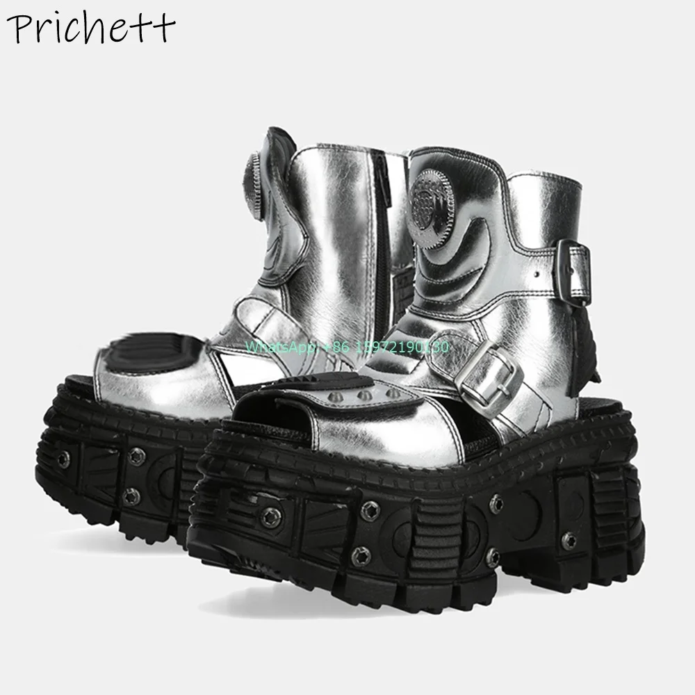 

Silvery Thick Soled Sandals Rivet Peep Toe Hollow Buckle Strap Platform Shoes Summer High Increase Cool Punk Ladies Boots