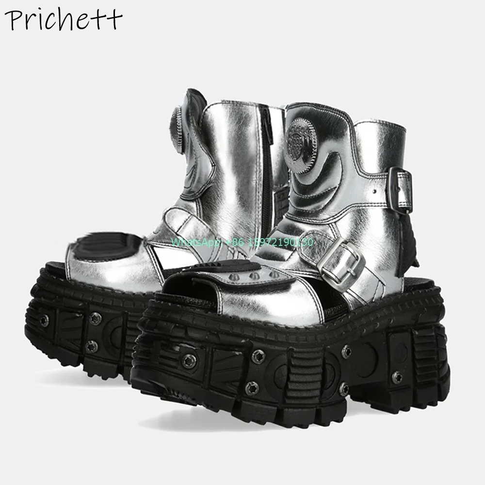 Silvery Thick Soled Sandals Rivet Peep Toe Hollow Buckle Strap Platform Shoes Summer High Increase Cool Punk Ladies Boots